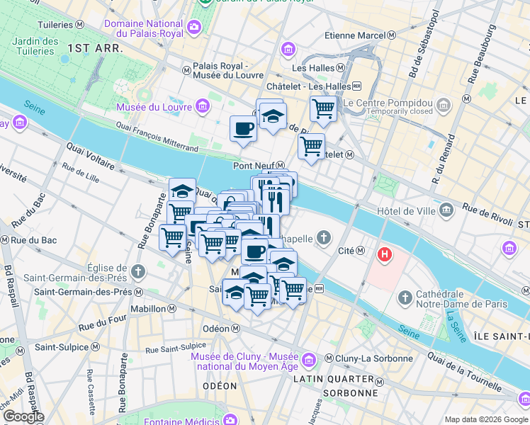 map of restaurants, bars, coffee shops, grocery stores, and more near 74 Quai des Orfèvres in Paris