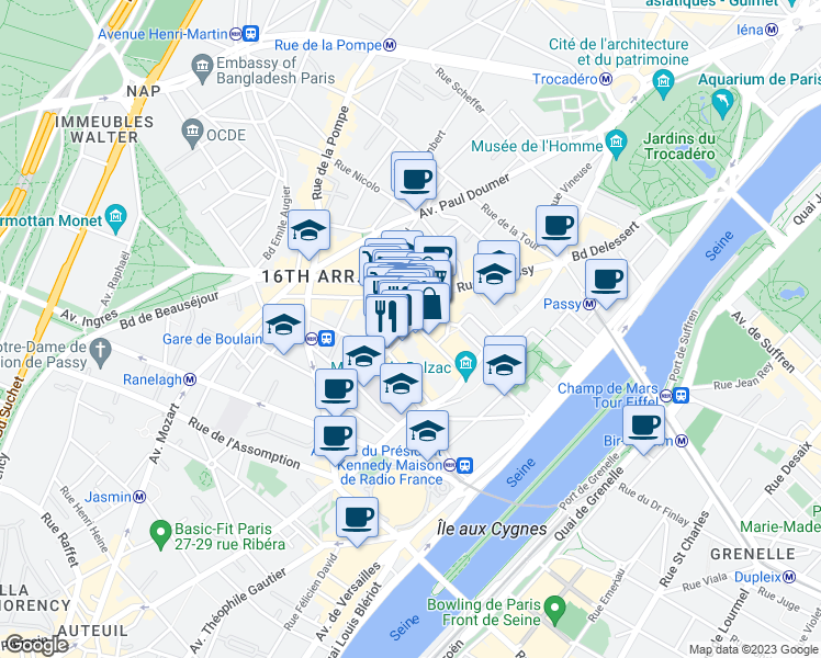 map of restaurants, bars, coffee shops, grocery stores, and more near 4 Rue Lekain in Paris
