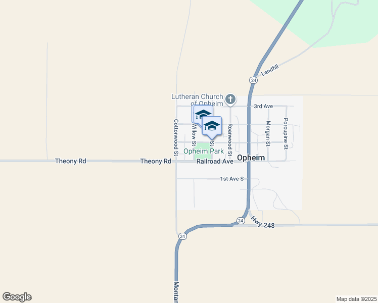 map of restaurants, bars, coffee shops, grocery stores, and more near 74-98 Railroad Avenue in Opheim