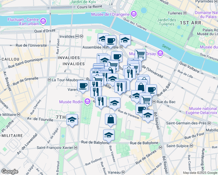 map of restaurants, bars, coffee shops, grocery stores, and more near 103 Rue de Grenelle in Paris