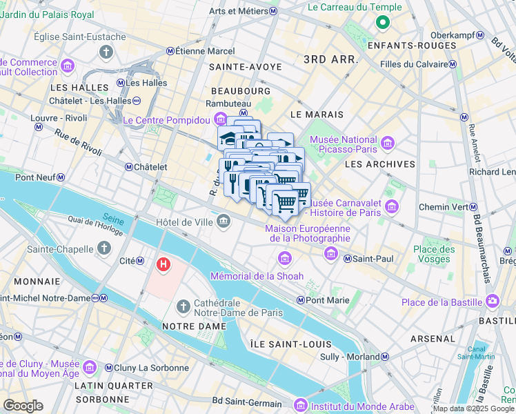 map of restaurants, bars, coffee shops, grocery stores, and more near 24 Rue de la Verrerie in Paris