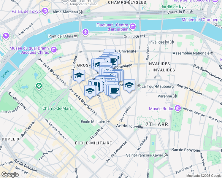map of restaurants, bars, coffee shops, grocery stores, and more near 27 Rue Cler in Paris