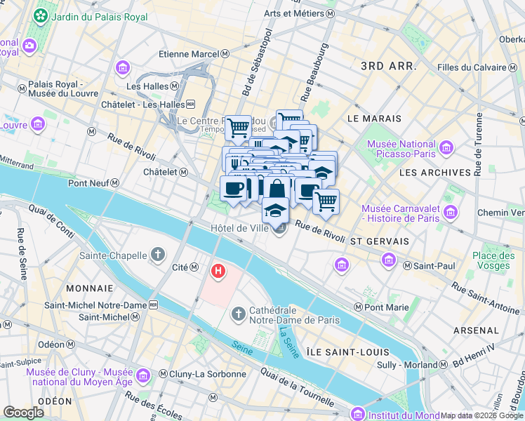map of restaurants, bars, coffee shops, grocery stores, and more near in Paris
