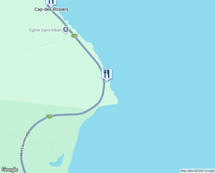 map of restaurants, bars, coffee shops, grocery stores, and more near Boulevard de Cap des Rosiers in Gaspésie–Îles-de-la-Madeleine
