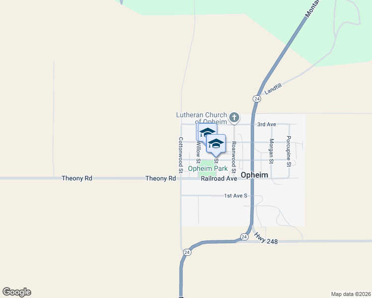 map of restaurants, bars, coffee shops, grocery stores, and more near 116 Cottonwood Street in Opheim