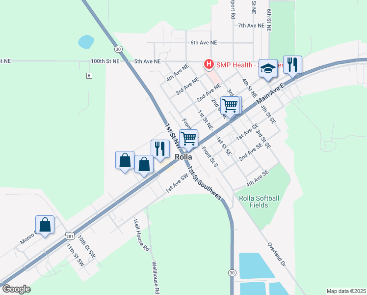 map of restaurants, bars, coffee shops, grocery stores, and more near 20 Main Avenue West in Rolla