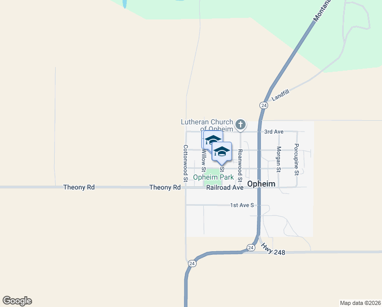 map of restaurants, bars, coffee shops, grocery stores, and more near 116 Cottonwood Street in Opheim