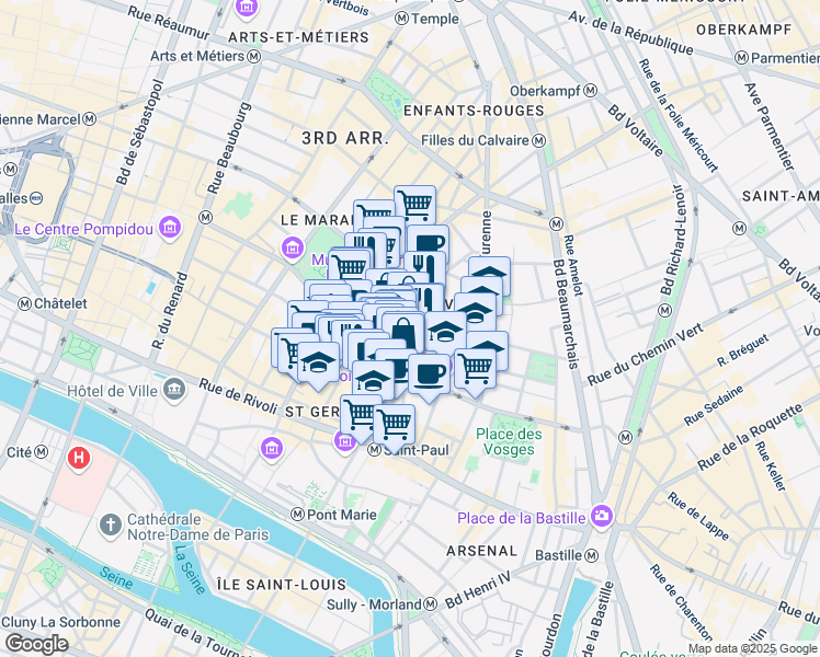 map of restaurants, bars, coffee shops, grocery stores, and more near 9 Rue Elzevir in Paris