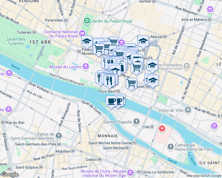 map of restaurants, bars, coffee shops, grocery stores, and more near 14 Quai du Louvre in Paris