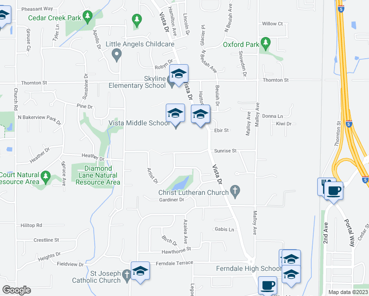 map of restaurants, bars, coffee shops, grocery stores, and more near 2208 Sunrise Street in Ferndale