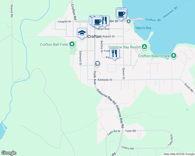 map of restaurants, bars, coffee shops, grocery stores, and more near 1605 Adelaide Street in Duncan