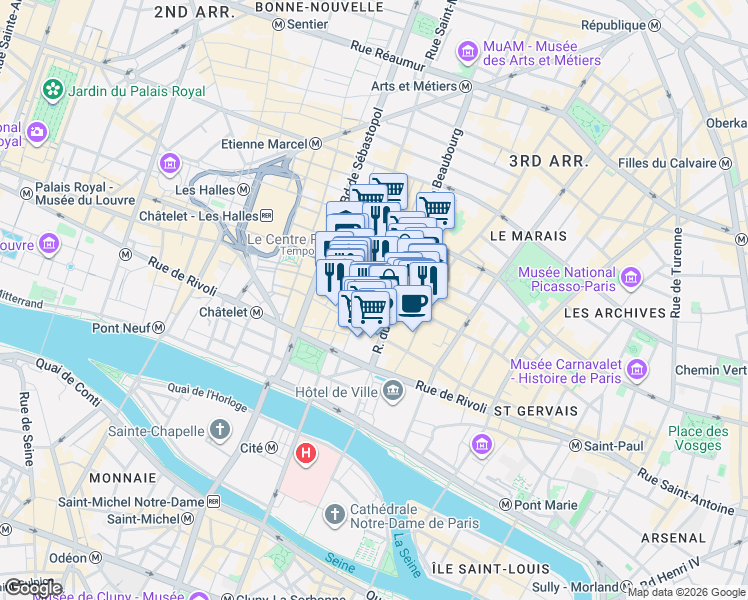 map of restaurants, bars, coffee shops, grocery stores, and more near 2 Rue Brisemiche in Paris
