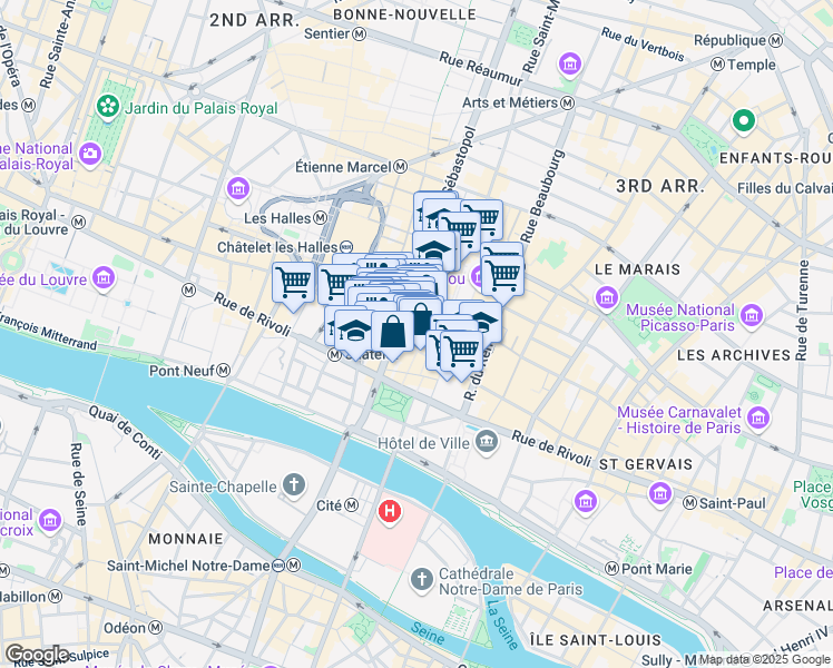 map of restaurants, bars, coffee shops, grocery stores, and more near 13 Rue Quincampoix in Paris