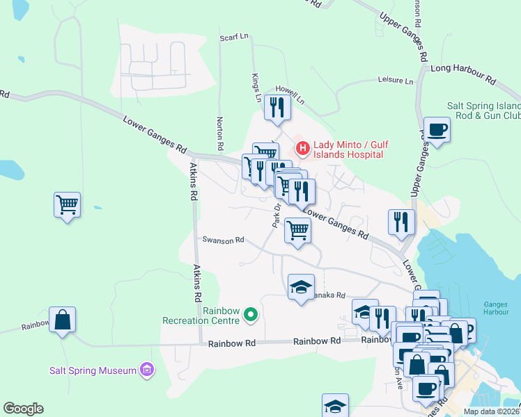 map of restaurants, bars, coffee shops, grocery stores, and more near Valhalla Road in Capital Regional District