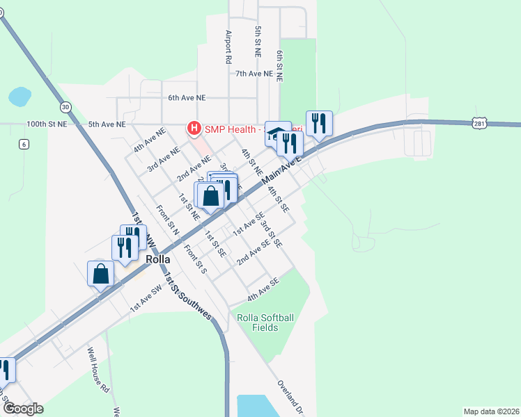map of restaurants, bars, coffee shops, grocery stores, and more near 201-299 1st Avenue Southeast in Rolla