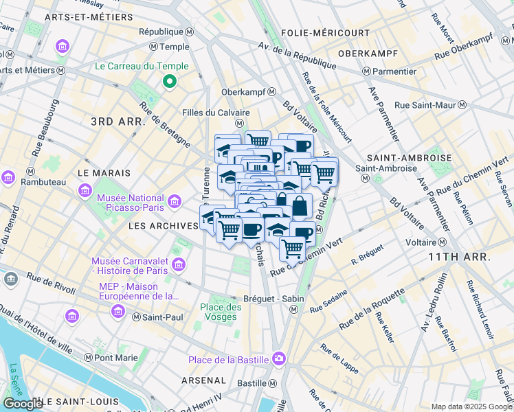 map of restaurants, bars, coffee shops, grocery stores, and more near 92 Boulevard Beaumarchais in Paris