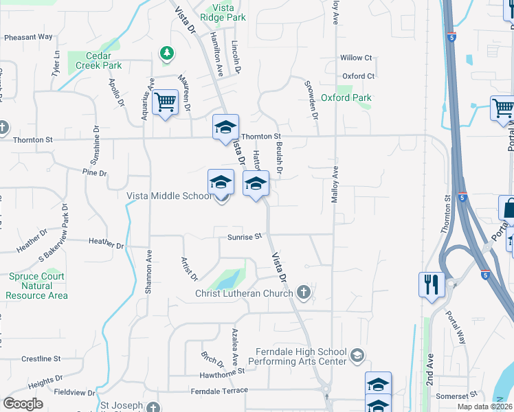 map of restaurants, bars, coffee shops, grocery stores, and more near 6041 Vista Drive in Ferndale