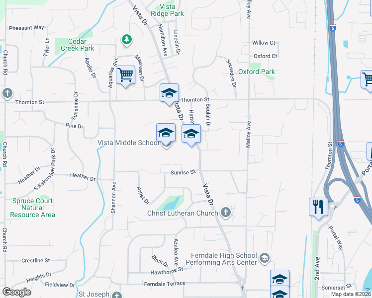map of restaurants, bars, coffee shops, grocery stores, and more near 6041 Vista Drive in Ferndale