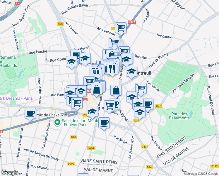 map of restaurants, bars, coffee shops, grocery stores, and more near 65 Rue du Capitaine Dreyfus in Montreuil