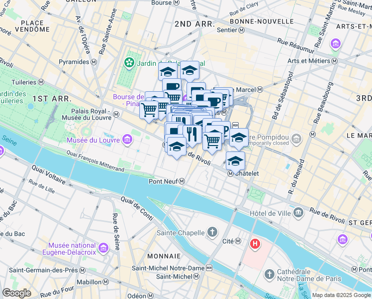map of restaurants, bars, coffee shops, grocery stores, and more near 144 Rue de Rivoli in Paris