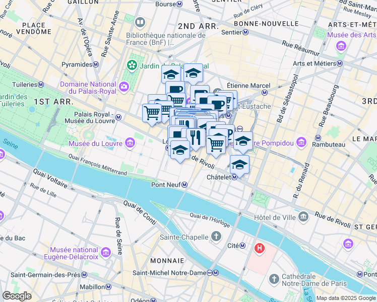 map of restaurants, bars, coffee shops, grocery stores, and more near 144 Rue de Rivoli in Paris