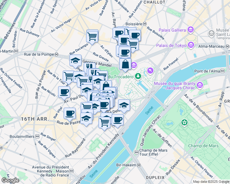 map of restaurants, bars, coffee shops, grocery stores, and more near 25 Rue Benjamin Franklin in Paris