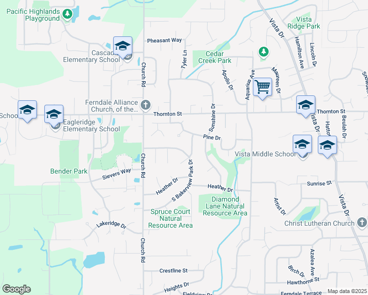 map of restaurants, bars, coffee shops, grocery stores, and more near 2432 North Bakerview Park Drive in Ferndale