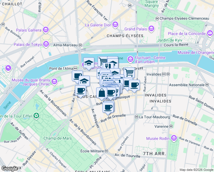 map of restaurants, bars, coffee shops, grocery stores, and more near 17 Rue Malar in Paris