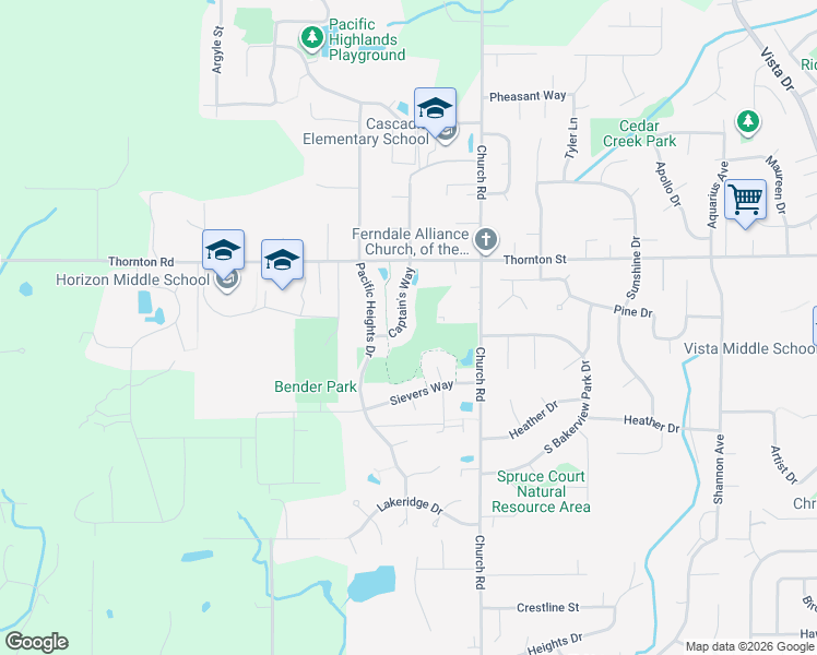 map of restaurants, bars, coffee shops, grocery stores, and more near 6064 Captain's Way in Ferndale