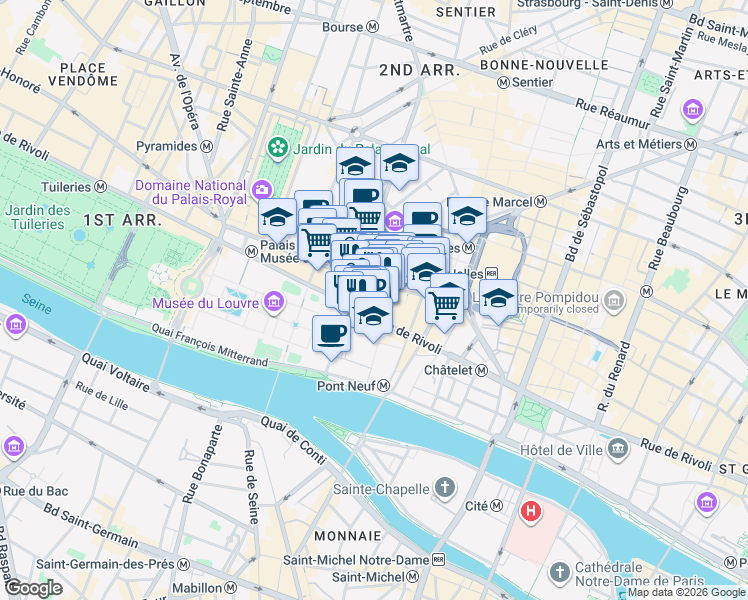 map of restaurants, bars, coffee shops, grocery stores, and more near 6 Rue Bailleul in Paris