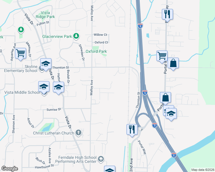 map of restaurants, bars, coffee shops, grocery stores, and more near 2058 Donna Lane in Ferndale