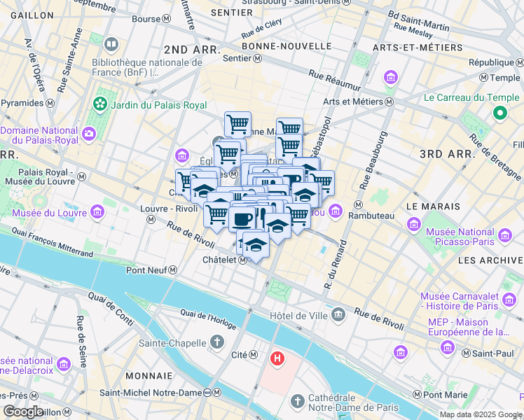 map of restaurants, bars, coffee shops, grocery stores, and more near 1 Rue Pierre Lescot in Paris-1ER-Arrondissement