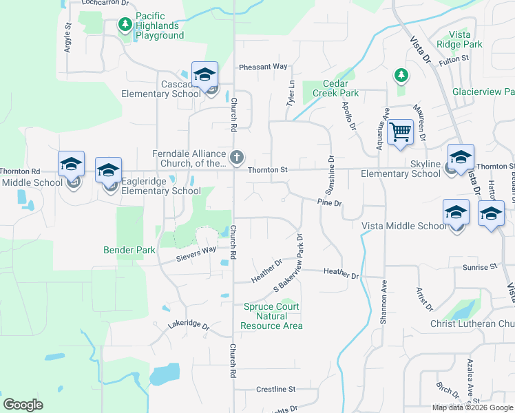 map of restaurants, bars, coffee shops, grocery stores, and more near 2460 North Bakerview Park Drive in Ferndale