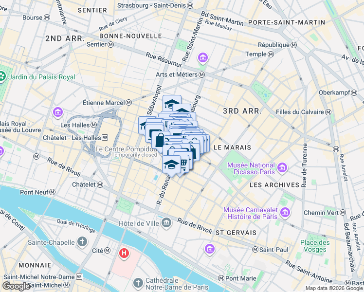 map of restaurants, bars, coffee shops, grocery stores, and more near 2 Impasse Berthaud in Paris