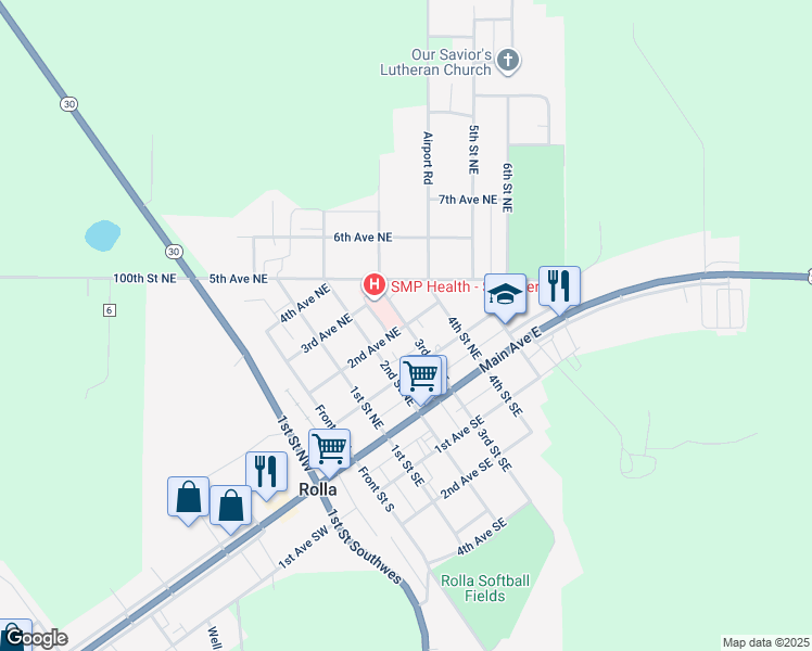 map of restaurants, bars, coffee shops, grocery stores, and more near 300 2nd Avenue Northeast in Rolla