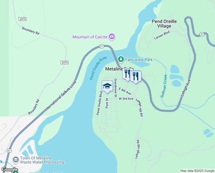 map of restaurants, bars, coffee shops, grocery stores, and more near 107 Pend Oreille Boulevard in Metaline Falls