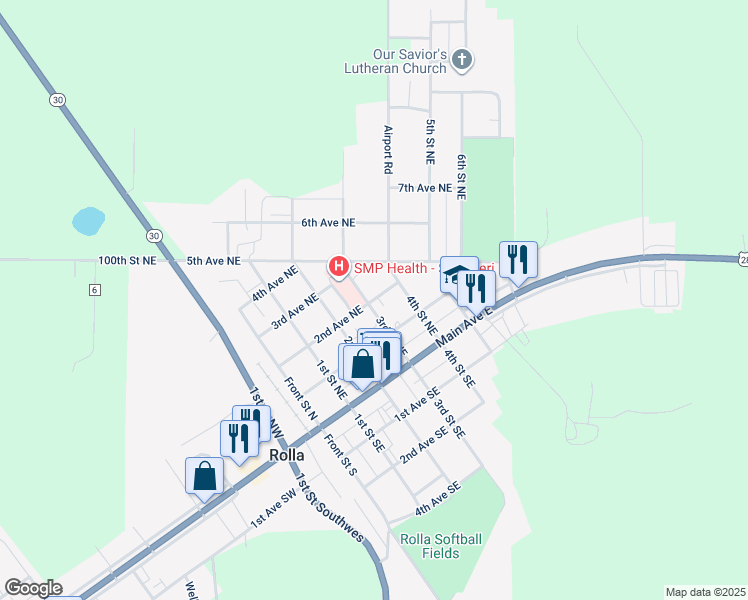 map of restaurants, bars, coffee shops, grocery stores, and more near 300-398 2nd Avenue Northeast in Rolla