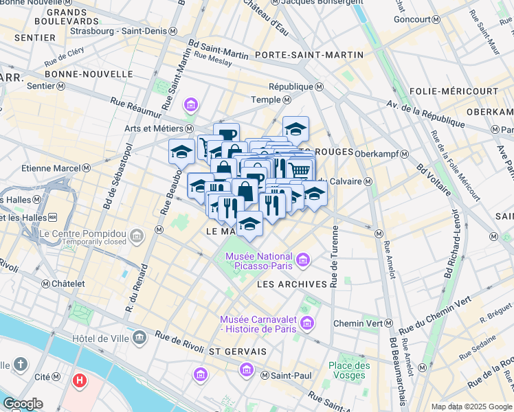 map of restaurants, bars, coffee shops, grocery stores, and more near 74 Rue des Archives in Paris