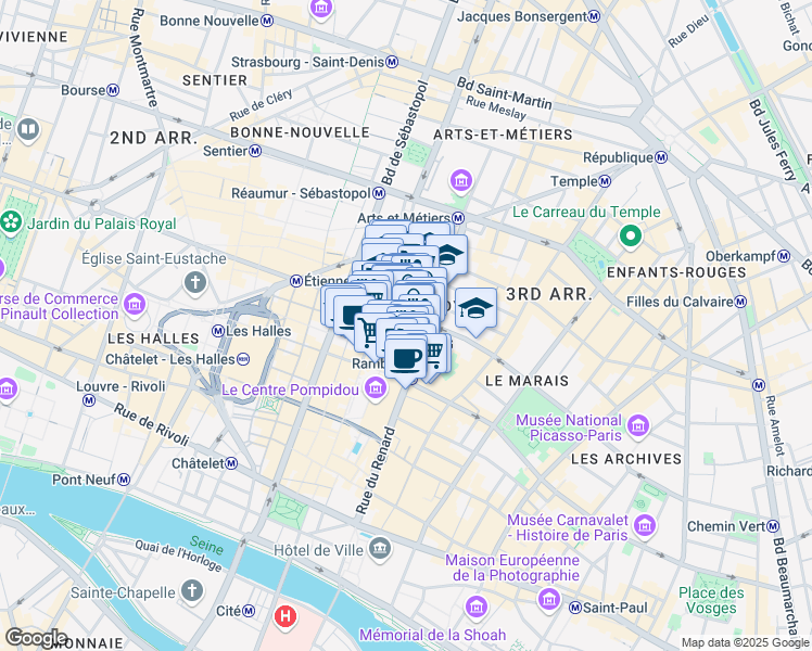 map of restaurants, bars, coffee shops, grocery stores, and more near 7 Rue du Grenier Saint-Lazare in Paris