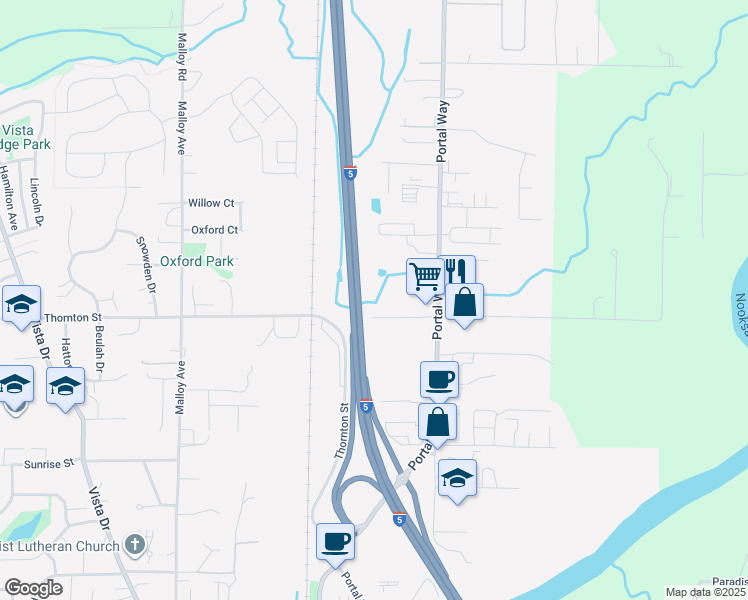 map of restaurants, bars, coffee shops, grocery stores, and more near Interstate 5 in Ferndale