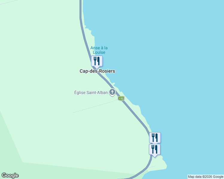 map of restaurants, bars, coffee shops, grocery stores, and more near 1262 Boulevard de Cap des Rosiers in Gaspé