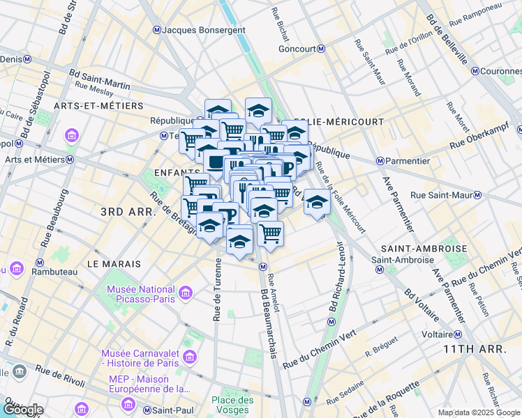 map of restaurants, bars, coffee shops, grocery stores, and more near 110 Rue Amelot in Paris