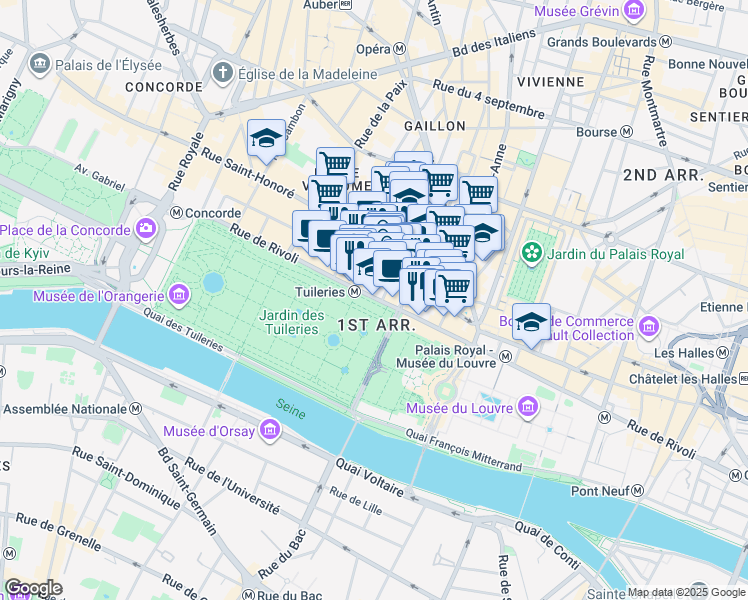 map of restaurants, bars, coffee shops, grocery stores, and more near in Paris
