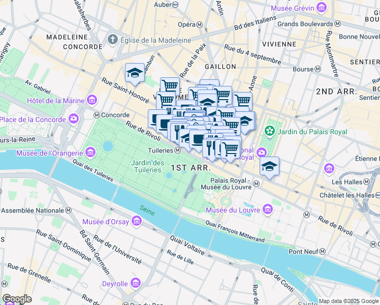 map of restaurants, bars, coffee shops, grocery stores, and more near 198 Rue de Rivoli in Paris