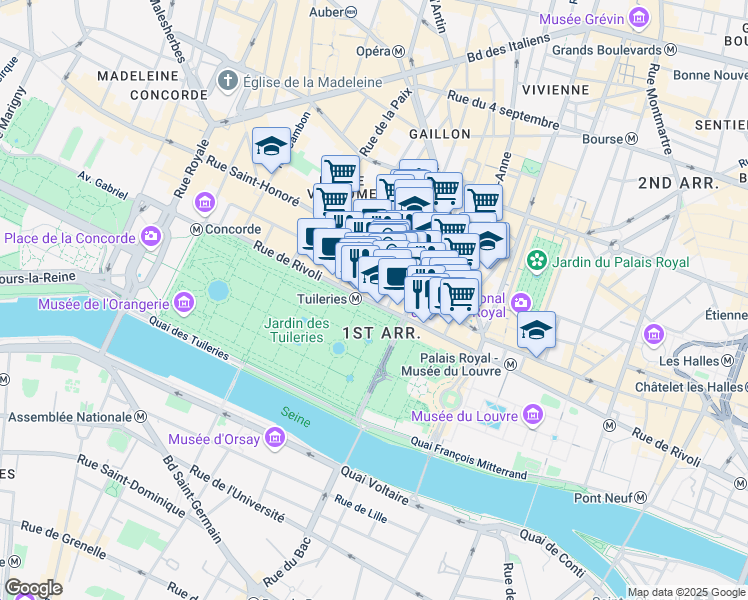 map of restaurants, bars, coffee shops, grocery stores, and more near 202 Rue de Rivoli in Paris