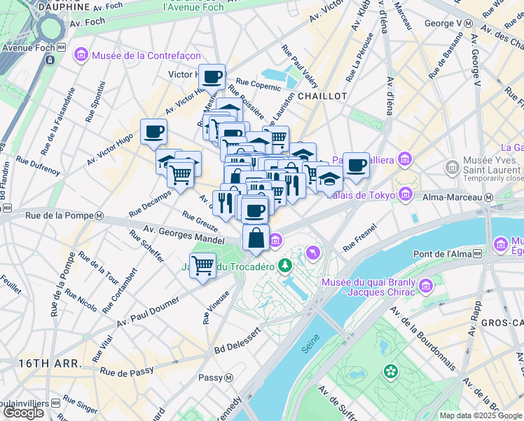 map of restaurants, bars, coffee shops, grocery stores, and more near 112 Avenue Kléber in Paris