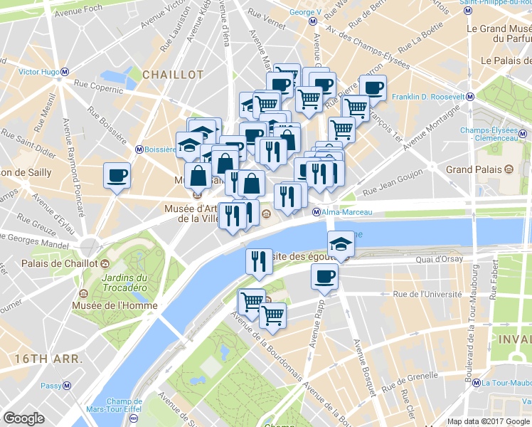 map of restaurants, bars, coffee shops, grocery stores, and more near 11 Avenue du Président Wilson in Paris