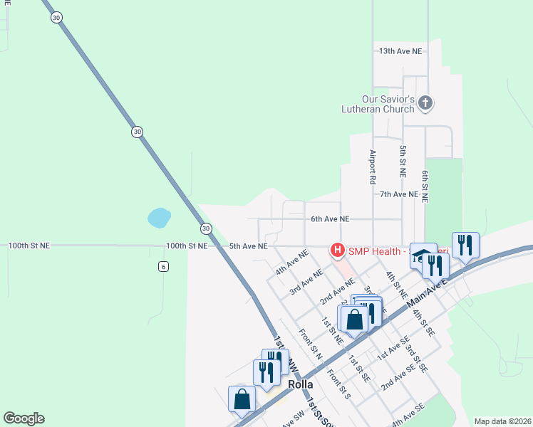 map of restaurants, bars, coffee shops, grocery stores, and more near 6th Avenue Northeast in Rolla