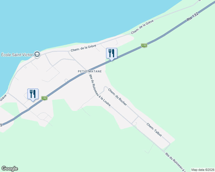 map of restaurants, bars, coffee shops, grocery stores, and more near 27 Chemin du Rocher in Matane