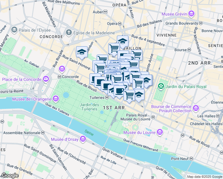 map of restaurants, bars, coffee shops, grocery stores, and more near 202 Rue de Rivoli in Paris